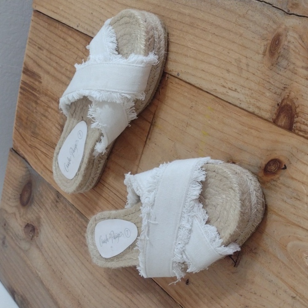 Charlie Paige White Frayed Open Toe Platform Espadrille Sandals Size 7